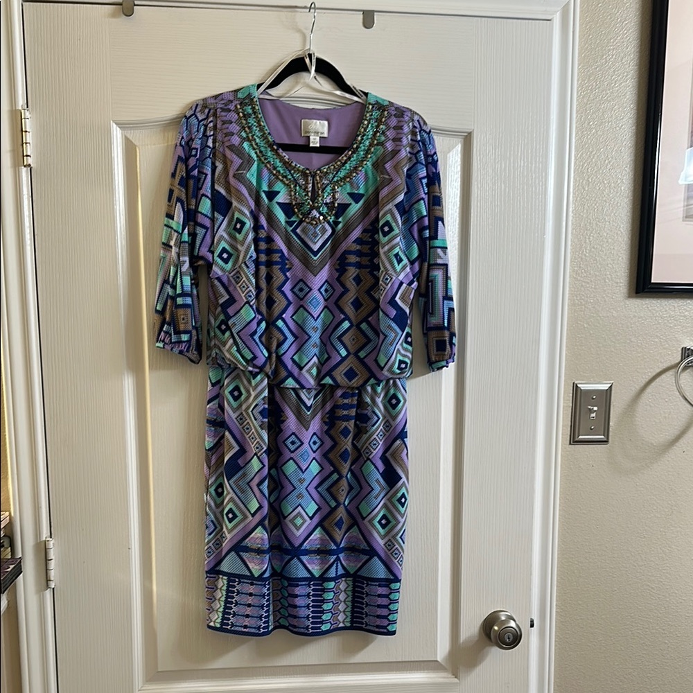 Donna Morgan Blue and Purple Midi Dress with Dolman Sleeves.  The top is lined